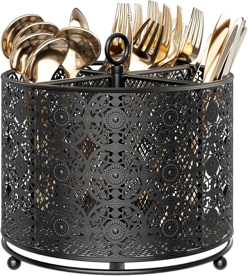 YIUKEA 360° Rotating Utensil Caddy Countertop - Cutlery Silverware Caddy Holder with 4 Compartment - Higher Raised Flatware Organizer with Handle for Party Kitchen Counter Office Black - Image 1